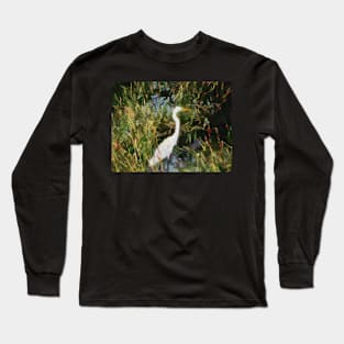 Impressionist Painting of Egret in Reeds Long Sleeve T-Shirt